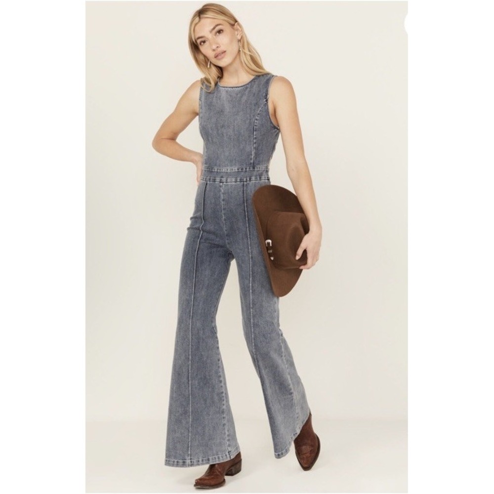 Flying Tomato Jumpsuit Large Stretch‎ Denim side Zip Flare Leg Festival Hippie